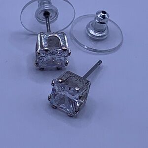 Princess Cut CZ Stud Earrings Silver Tone